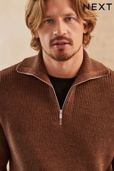 Brown Relaxed Knitted Half Zip Fold Over Neck Jumper (D24027) | €20