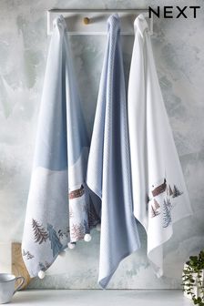 Set of 3 Blue Christmas Scene 100% Cotton Tea Towels (D24500) | kr134