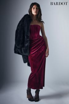 Bardot Red Everlasting Velour Midi Dress with Thigh High Split (D25183) | €67