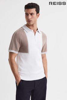 Weiß/Stein - Reiss Swing Golf T-Shirt mit Blockfarben und kurzem Reißverschluss (D25756) | 184 €