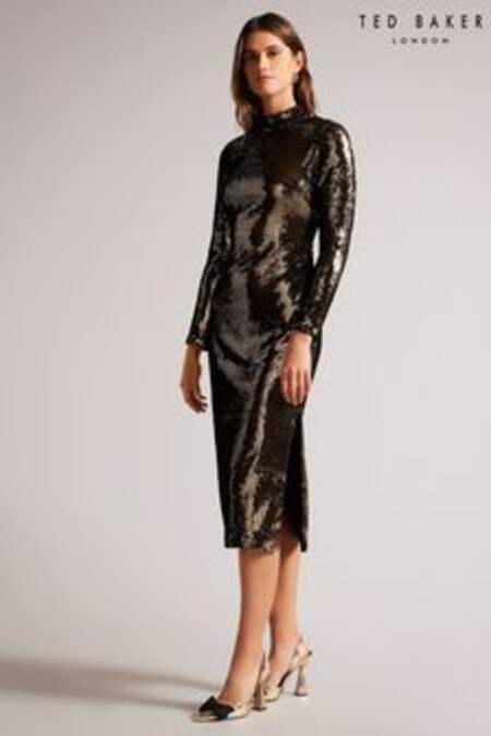 Ted Baker Bronze Metallic Brookly Sequin Tube Dress With Long Fitted Sleeve (D25796) | €121