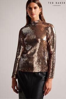 Brązowy - Ted Baker Lovato Brown Sequin Top (D25798) | 347 zł