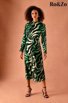 Ro&zo Green Sasha Animal Print Ruch Front Dress (D26079) | 438 zł