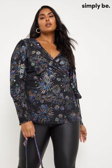Simply Be Black Print Foil Print Wrap Top With Shirred Cuff (D26971) | €26