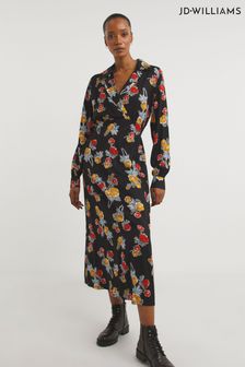 Jd Williams Black Multi Floral Viscose Midi Tea Dress With Collar (D27832) | 126 zł