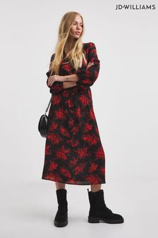 Czerwona luźna sukienka midi Jd Williams z krepy w kwiatowy wzór (D27833) | 101 zł