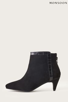Monsoon	Black Leather Zip Back Kitten Heel Boots (D27896) | €51