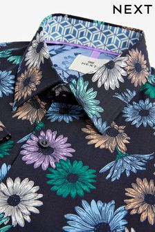 Navy Blue Daisy Slim Fit Printed Trimmed Short Sleeve Shirt (D27965) | €16