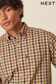 Neutralny/niebieski w kratkę - Zapinana koszula Oxford Easy Iron (D27970) | 135 zł