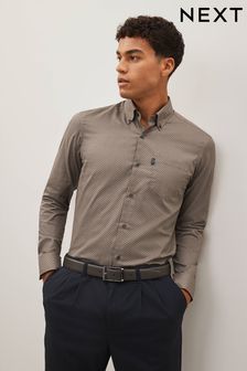 Neutral Brown Printed Slim Fit Easy Iron Button Down Oxford Shirt (D27975) | €23