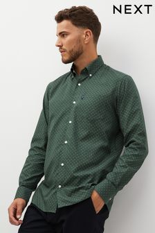 Dark Green Printed Slim Fit Easy Iron Button Down Oxford Shirt (D27980) | €23
