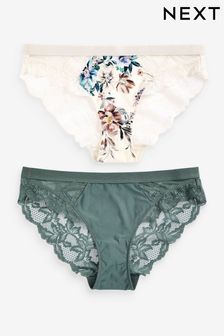 White Floral Print/Sage Green High Leg Lace And Microfibre Knickers 2 Pack (D28095) | 15 €