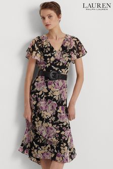 Črna zmečkana obleka s cvetličnim vzorcem Lauren Ralph Lauren Georgette (D28562) | €145