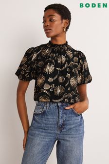 Boden Black Smocked Neck Puff Ball Top (D28624) | €59