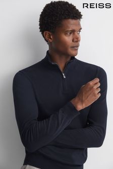 Reiss Navy Bond Half Zip Funnel Neck Cotton Jumper (D28636) | $122