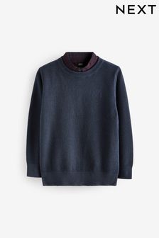Granatowy - Dzianinowy sweter Next z okrągłym dekoltem i ozdobną koszulą (3-16 lat) (D28795) | 73 zł - 94 zł