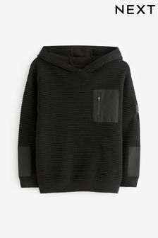 Czarny - Prążkowany sweter z kapturem w stylu utility (3-16 lat) (D28796) | 110 zł - 140 zł
