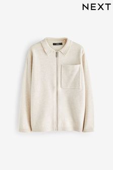 Ecru Cream Knitted Zip Through Collared Cardigan with Pockets (3-16yrs) (D28799) | ￥2,780 - ￥3,640