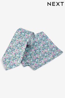 Light Blue Floral Slim Tie And Pocket Square Set (D29089) | €10