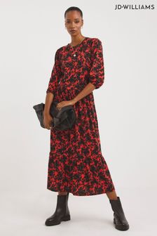 Czerwona sukienka midi Jd Williams o luźnym kroju z miękkiego materiału w kwiaty (D29482) | 94 zł
