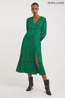 JD Williams Green Print V-Neck Deep Cuff Midi Dress With Split (D29485) | €21