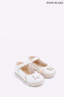 River Island Cream Girls Leather Butterfly Mary Jane Shoes (D29642) | €15