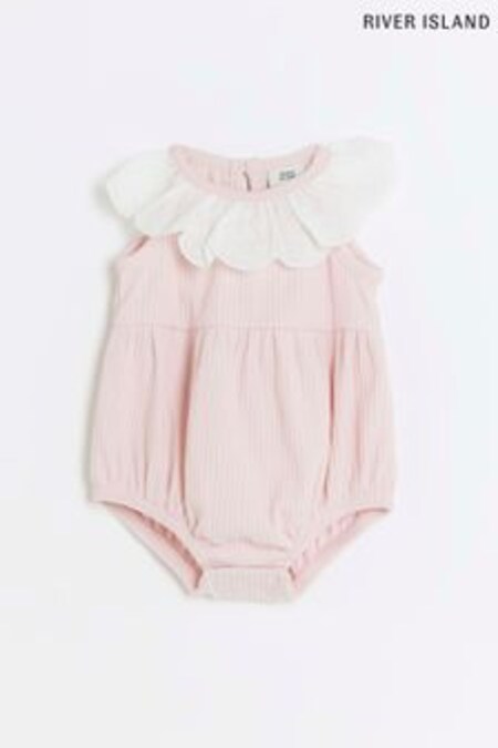 River Island Baby Girls Pink Frill Collar Bubble Romper (D29665) | $33
