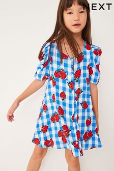 Blue Gingham Strawberry Ruched Sleeve Dress (3-16yrs) (D29672) | €10 - €13