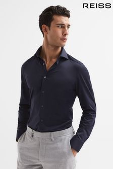 Reiss Navy Nate Cutaway Collar Jersey Slim Fit Shirt (D29784) | OMR74