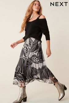 Grey/Black Leaf Print Sheer Midi Skirt (D30181) | CHF 46