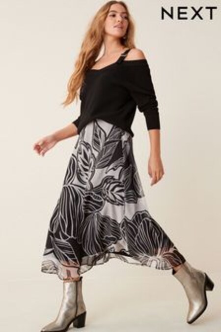 Grey/Black Leaf Print Sheer Midi Skirt (D30181) | 19,010 Ft