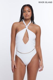 River Island White Textured Knot Belted Swimsuit (D30207) | €24