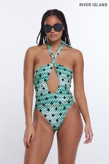River Island Green Knot Printed Belted Swimsuit (D30209) | €26