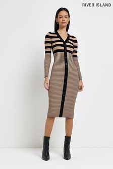 River Island Light Brown Neck Button Stripe Dress (D30233) | 142 zł