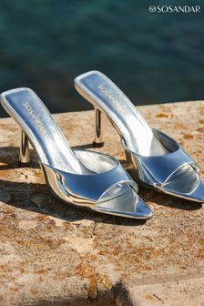 Sosandar Silver Leather Flared Heel Pointed Toe Mules (D30888) | SGD 153