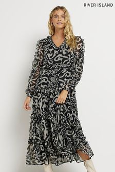 River Island Black Freddie Ruffle Midi Dress (D30988) | €31