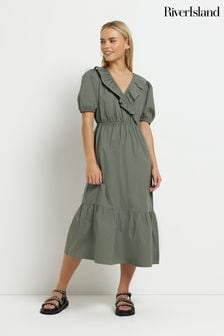 River Island Wickel-Midikleid mit Puffärmeln, Kurzgröße, Khakigrün (D32004) | 28 €