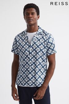 Reiss Blue/Ivory Elden Slim Fit Cuban Collar Shirt (D32877) | $208