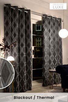 Charcoal Grey Collection Luxe Heavyweight Geometric Cut Velvet Eyelet Blackout/Thermal Curtains (D32909) | €237 - €449