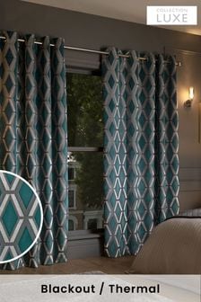 Teal Blue Collection Luxe Heavyweight Geometric Cut Velvet Eyelet Blackout/Thermal Curtains (D32911) | €258 - €490