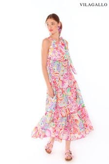 Vilagallo Pink Watercolour Print Tie Neck Maxi Dress (D33021) | 489 zł