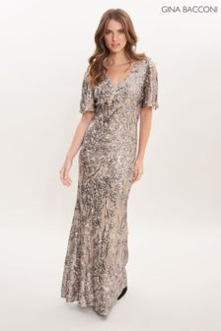 Gina Bacconi Silver Jeselle Long V-Neck A-Line Sequin Dress With Cold Shoulder Flutter Sleeve (D33281) | $657