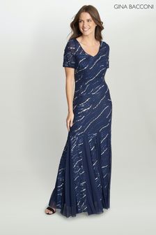 Gina Bacconi Blue Maybelle Sequin Mesh Illusion V-Neck Dress (D33298) | €205