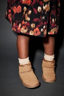 Tan Brown Mini Faux Fur Lined Water Repellent Pull-On Suede Boots (D33337) | $41 - $48