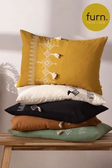 furn. Yellow Pritta Cotton Embroidered Tasselled Cushion