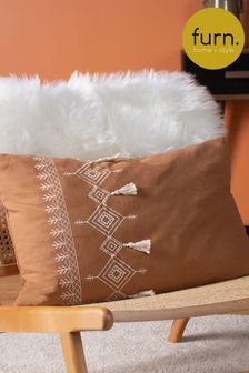 furn. Brown Pritta Cotton Embroidered Tasselled Cushion (D33681) | ₪ 79