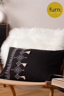 furn. Black Pritta Cotton Embroidered Tasselled Cushion