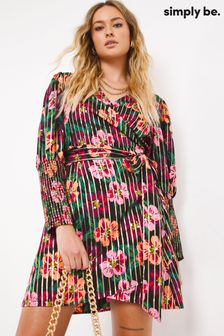 Simply Be Floral Shirred Cuff Wrap Skater Black Dress (D33766) | €30