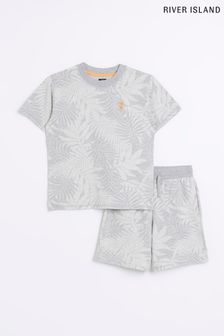 River Island Boys Grey Palm Jacquard T-Shirt and Short Set (D34878) | €28 - €36