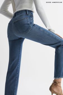 Reiss Mid Blue Good American Distressed Straight Leg Jeans (D35772) | €179